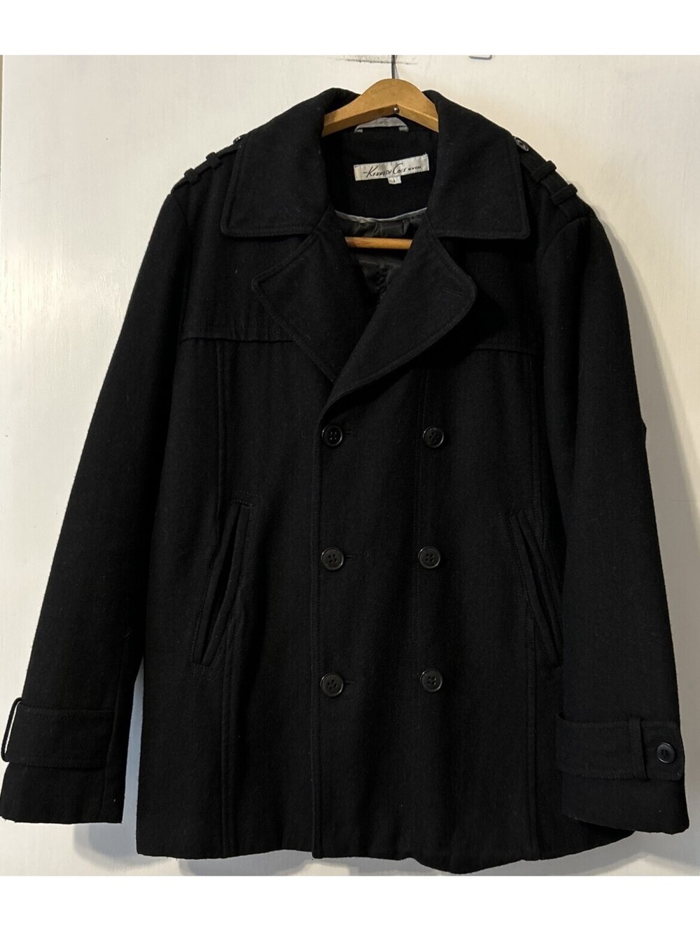 Kenneth Cole Double Breasted Wool Peacoat Men's Sz L Black Elegant Nautical